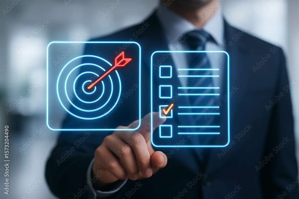 Poster businessman interacts with digital interface showing target and completed checklist