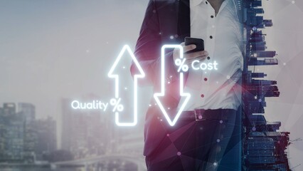Business concept showing cost reduction and quality increase using Lean, Six Sigma, and Total...