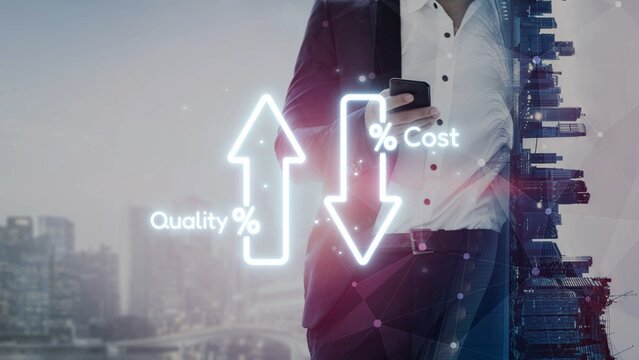 Business concept showing cost reduction and quality increase using Lean, Six Sigma, and Total Quality Management (TQM) to enhance efficiency, value, and customer satisfaction. Muxer