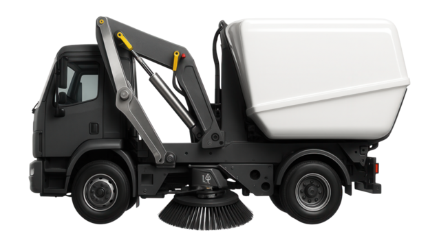 Heavy-duty truck-mounted sweeper with hydraulic lift and high-capacity storage for airport runway maintenance.