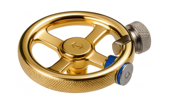 Brass handwheel with a polished finish and a thumb screw lock for precise control in laboratory apparatus.