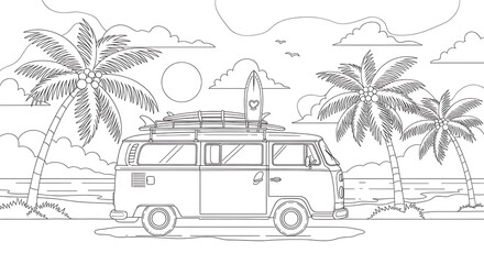Retro Van with Surfboards and Palm Trees at the Beach for Coloring Book.