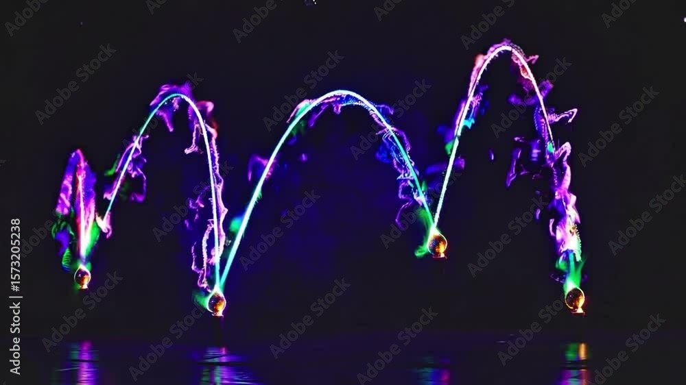 Poster vibrant colorful water fountain display with dynamic light effects and flowing motion in a dark envi