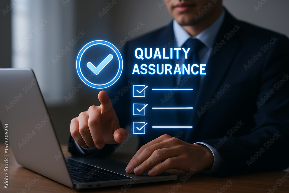 Poster businessman interacting with a digital interface displaying quality assurance checklist and checkmar