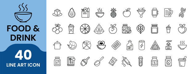 Food & Drink Icon Set. Outline linear icons pack including utensils, beverages, dining, restaurants, cooking, fast food, snacks, bars, coffee, kitchens, delivery, and culinary elements.