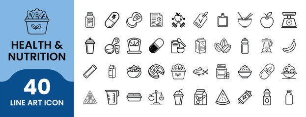 Health & Nutrition Icon Set. Outline linear icons pack featuring vitamins, supplements, healthy food, diet, wellness, fitness, medical, organic, herbs, fruits, vegetables.