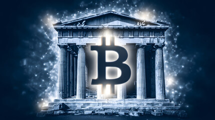 A dark blue background featuring the Bitcoin logo in front of a futuristic digital grid, symbolizing blockchain technology, cryptocurrency innovation, and modern financial systems.

