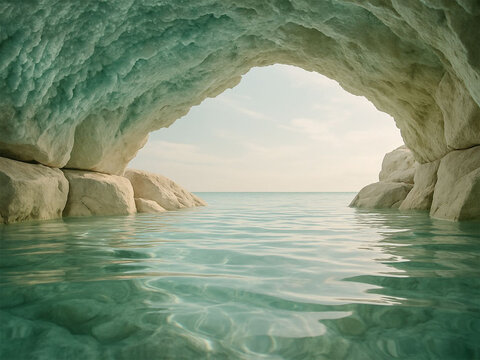 Serene Coastal Cave Entrance: Tranquil Turquoise Waters, Bright Sunlight, Peaceful Escape - Powered by Adobe