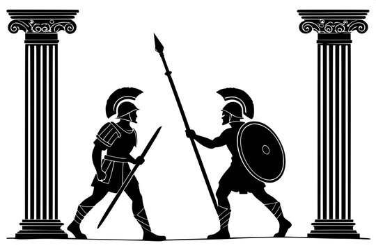 "A symmetrical silhouette composition of two ancient Roman soldiers guarding a triumphal arch, each holding a spear and wearing helmets with plumes. The background is pure white, and the scene is desi