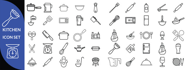 Kitchen Utensil icon set. Editable Stroke Icon Collection. Includes chopping board, cooking pots, frying pan, grater, kitchen scale, and More. Outline icons vector collection
