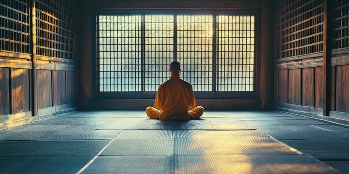 A Zen monk meditating in a temple chamber - Powered by Adobe