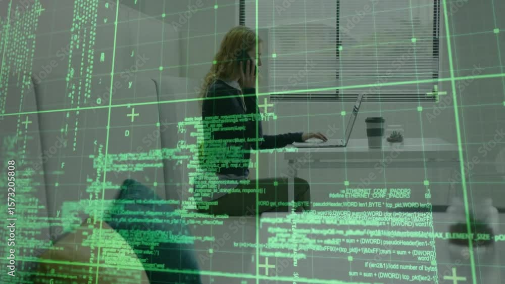 Poster software developer picking up smartphone and making phone call while coding with green code overlay