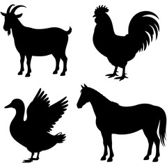 Silhouettes of farm animals goat rooster duck horse