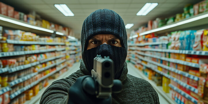 A masked figure with a gun stands in a grocery aisle, creating a tense and unsettling scene. The image conveys a sense of danger and unpredictability.