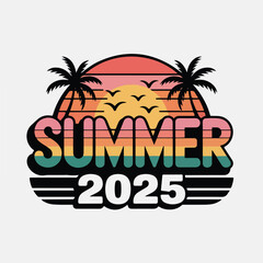 Naklejka premium Vintage Summer 2025 Logo Design with Sunset, Palm Trees, and Retro Typography
