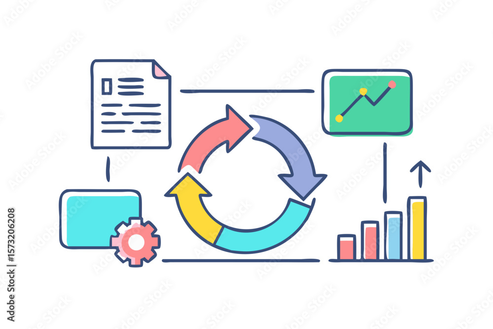 Poster business process improvement cycle with data analysis and growth metrics