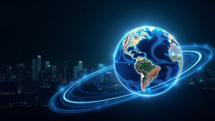 Global Network Futuristic Cityscape and Illuminated Earth