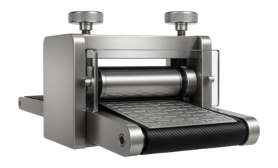 Rotary die cutting machine with adjustable pressure settings and a conveyor belt for continuous sheet metal pattern cutting.