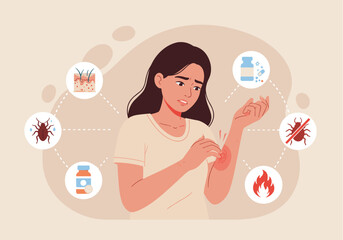 An illustration depicts a woman scratching her arm, surrounded by icons representing skin irritation, allergies, and potential treatments, highlighting health concerns.