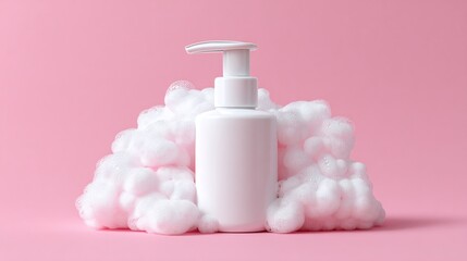 Gentle cleansing for a spa-like experience. Moisturizing pump bottle on a pink backdrop for skincare and hygiene. Luxurious foaming handwash.