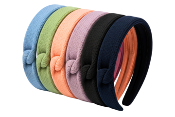 Set of six colorful fabric knotted headbands arranged in a row isolated on a transparent background