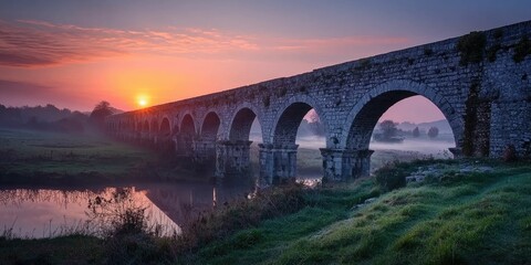 An ancient Roman stone aqueduct bridge at sunrise