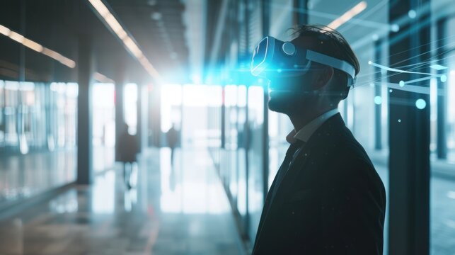 Businessman using vr headset in a modern office - Powered by Adobe
