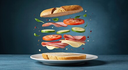 A deconstructed sandwich with floating ingredients including bread, salami, cheese, tomato, cucumber, and basil against a dark blue background on a white plate