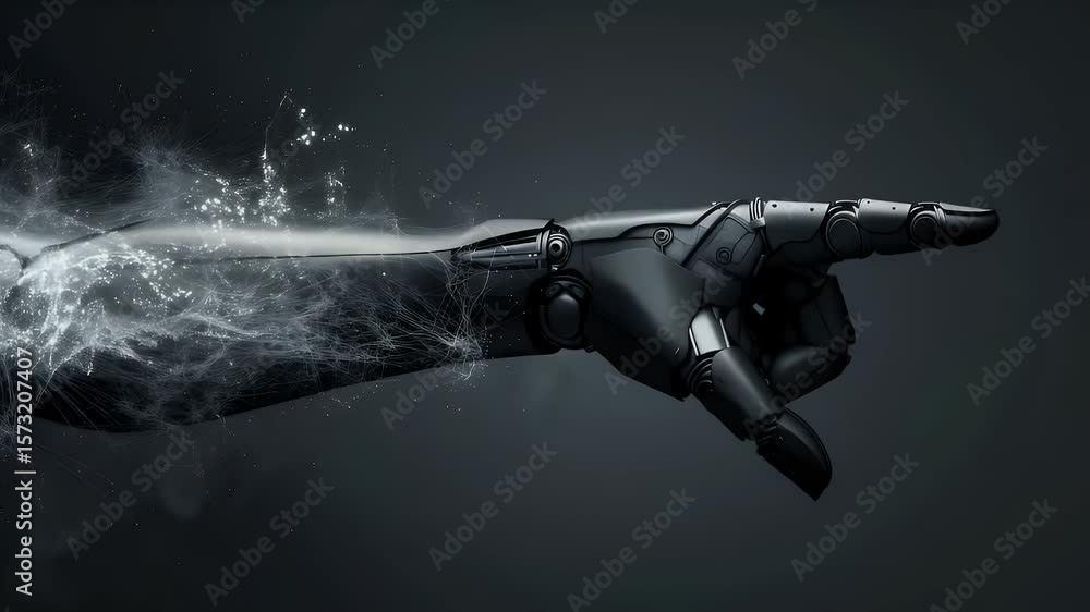 Poster metallic robot hand pointing with streamers on dark background technology