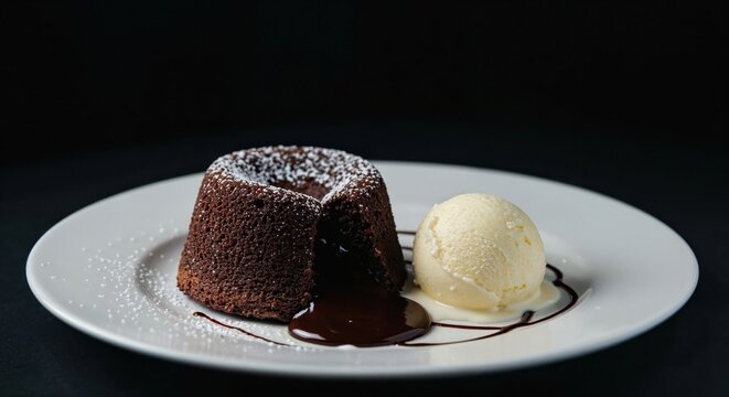 Decadent chocolate lava cake with molten center paired with creamy vanilla ice cream on elegant white plate against dark background