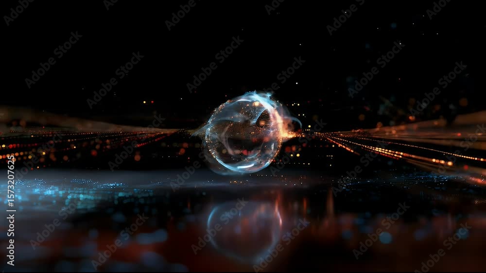 Poster glowing sphere surrounded by particles on reflective surface with dark background