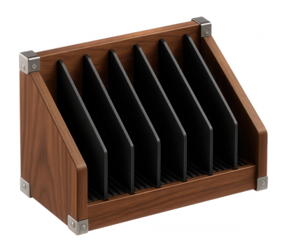 Freestanding wooden rack with adjustable dividers for storing process charts in a manufacturing plant.