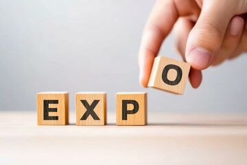 A hand is moving a wooden block to spell out EXPO, showcasing creativity and preparation for a presentation or event, emphasizing the importance of effective communication and visual impact.