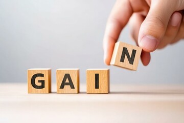 A hand rearranging wooden blocks to form the word GAIN, symbolizing growth, success, and achievement in personal or professional development.