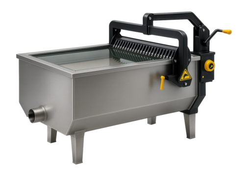 Rectangular sand filtration tank with a mechanized rake system for a municipal sewage treatment plant.