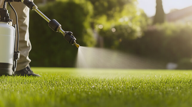 Spraying lawn for healthy growth, lawn care concept, pest control in garden. Man using equipment to spray fertilizer on grass for lawn maintenance. - Powered by Adobe