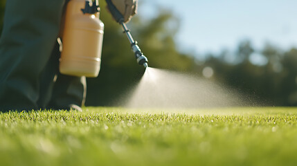 Applying liquid fertilizer to grass with a sprayer for lawn care and maintenance, ensuring a healthy and vibrant green lawn.
