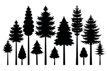 Fototapeta premium Minimalist Evergreen Tree Silhouettes – Isolated Pine and Spruce Forest Vector Design
