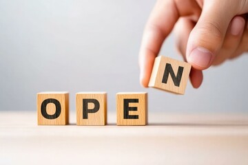 A hand holding a letter block to change the word OPEN emphasizes accessibility and welcoming environments in business and hospitality settings.
