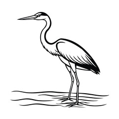 A heron standing in water with a long beak legs bird outline