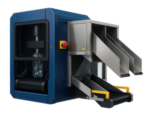 Robotic press with an integrated sorting system for automated plastic bottle recycling in a smart waste management facility.