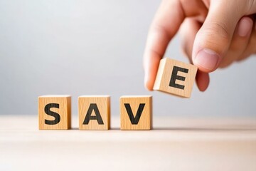 A hand placing a wooden block with the letter E into the word SAVE, symbolizing the importance of saving money and resources in financial planning and management.