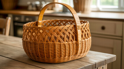 A digital illustration of a traditional woven wicker basket with a curved brown handle. The basket has a round shape with a wide mouth and a deep interior .