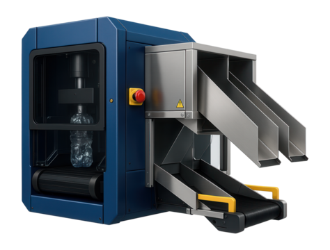 Robotic press with an integrated sorting system for automated plastic bottle recycling in a smart waste management facility.