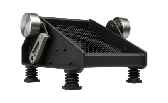 Dual-motor vibrating screen with a rectangular frame and adjustable tilt angle for a mining operation