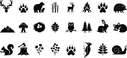 Fototapeta premium Forest wildlife silhouette bundle featuring 24 nature-themed icons including animals, trees, and outdoor elements