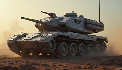 Futuristic Tank in Desert at Sunset