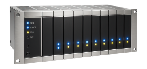 Rack-mounted PLC system with multiple CPU slots for complex process control in a chemical processing plant