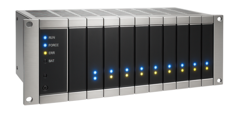 Rack-mounted PLC system with multiple CPU slots for complex process control in a chemical processing plant