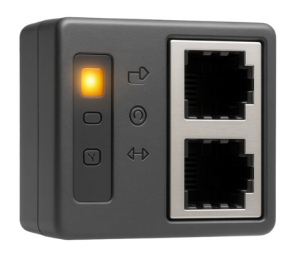 Ethernet-enabled input-output module with RJ45 ports for networked control systems in a factory